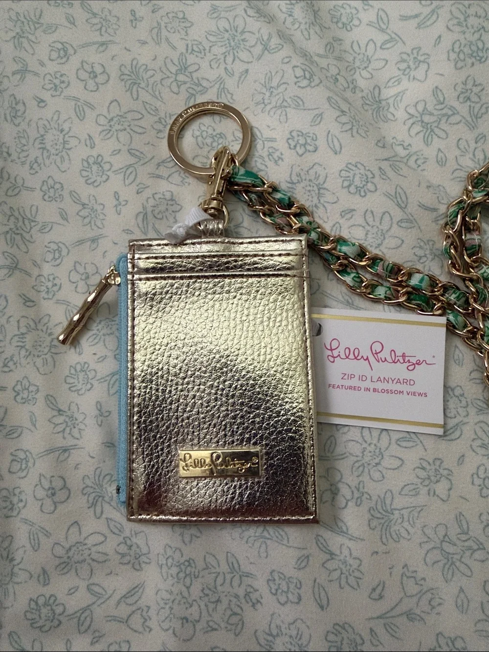 Lilly Pulitzer Mint Green Floral ID lanyard with Gold Chain - Picture 2 of 2